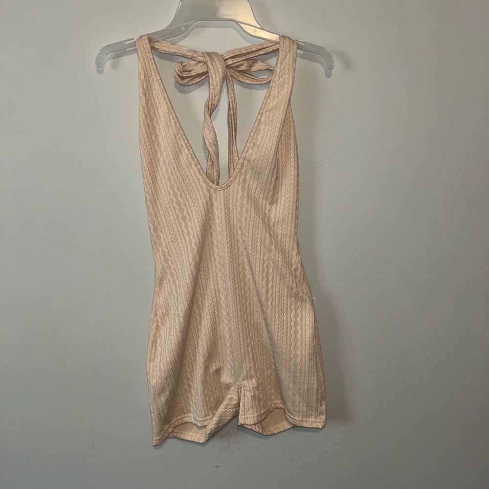 SHEIN Women's Cream Color  Beachwear Back Tie Textured Romper Bohemian